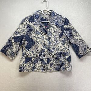 Coldwater Creek Jacket Womens P14 blue & white button up paisley geometric print